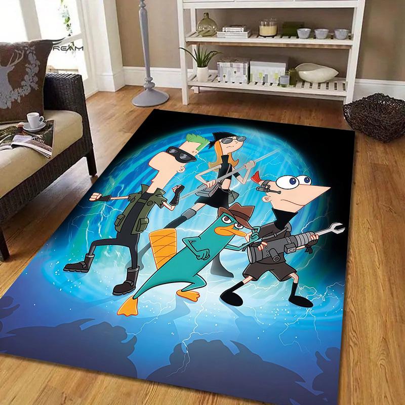 Phineas and Ferb2 Flannel Pattern Square Carpet,Area Rug,Carpet Rug for Living Room Bedroom Sofa Playroom Decor,Non-slip Floor Mat
