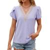 Spring Summer Lace Patchwork V-neck Loose Short Sleeved T-shirt for Women