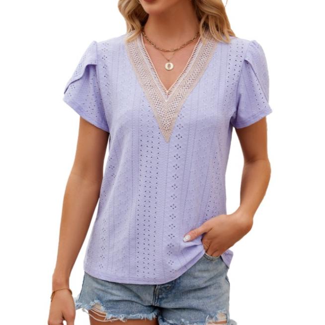 Spring Summer Lace Patchwork V-neck Loose Short Sleeved T-shirt for Women