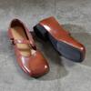 Johnature Square Toe Shallow Mary Jane Shoes Genuine Leather Retro Solid Color Soft Soled Shoes