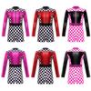 Girls Race Car Racer Costume Long Sleeve Checkerboard Print Color Block Patchwork Back Zipper Short Jumpsuit Cosplay Costume