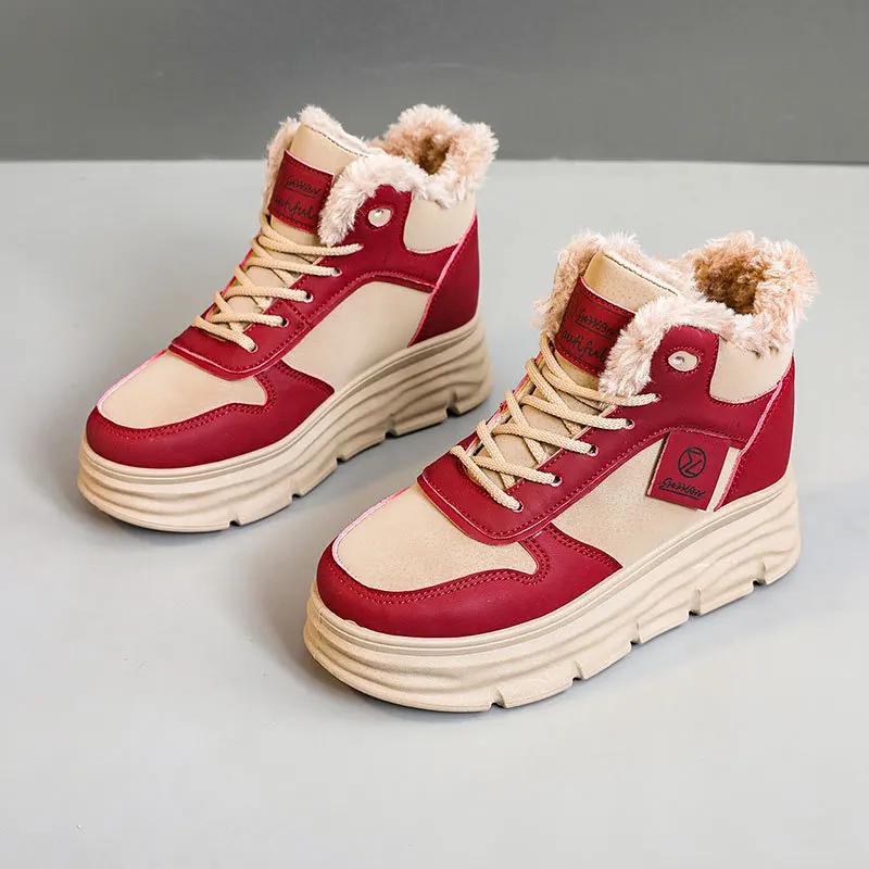 Зимние женские ботильоны Теплые плюшевые Нескользящие Уличные Снежные ботинки Высокие на платформе Простые Теплые Студенческие Женская обувь