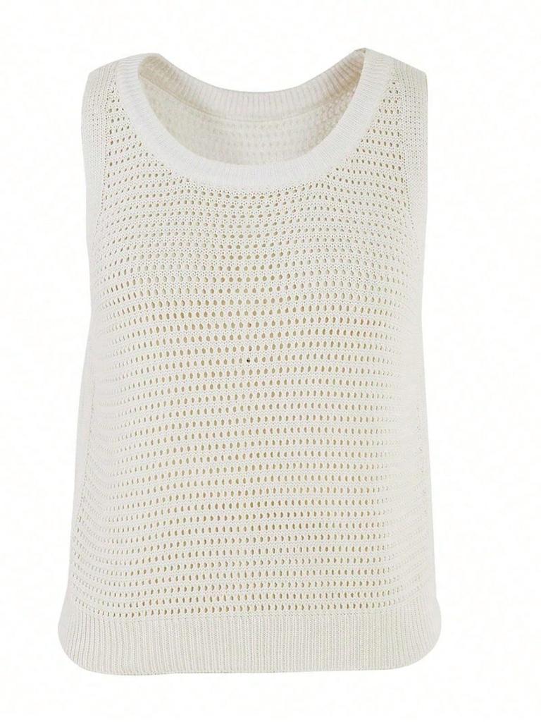Women's Sleeveless Crochet Knit Tank Top Crew Neck Hollow Out Casual Summer Pullover