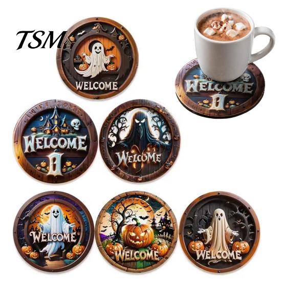 Decorative Coffee Bar Accessories 6Pcs/Set Halloween Wooden Coasters, Retro Pumpkin Ghost Drink Fall Festival Tableware Round Heat Insulation Pads for