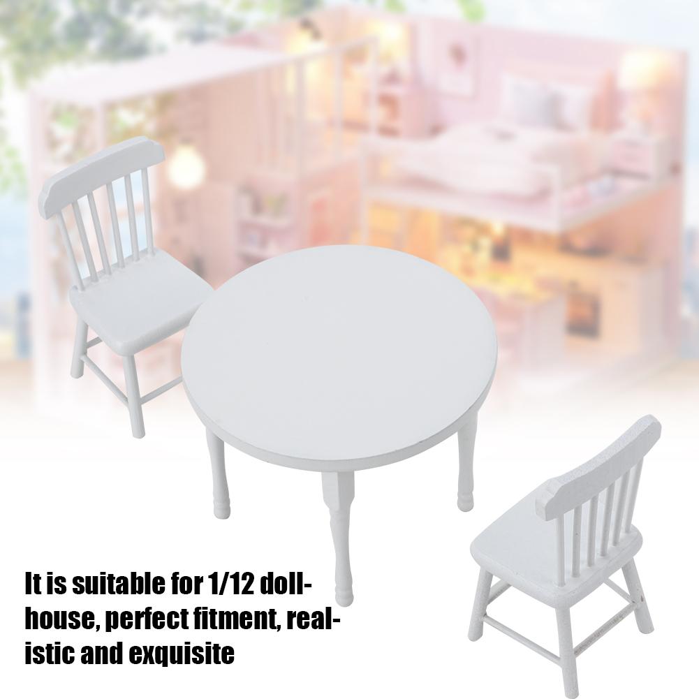 1:12 Miniature Wooden White Dining Table and Two Chairs Kitchen Furniture Set Dollhouse