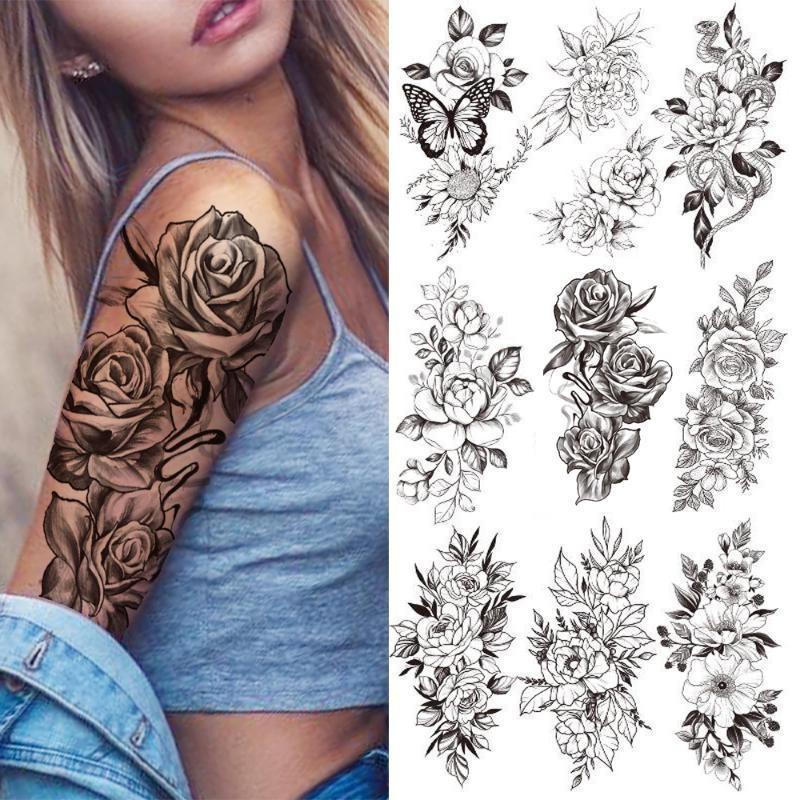 NEW 1PCS Tattoo Temporary Black Sunflower Peony Flower Tattoo Sticker Female Temporary Tattoo Water Transfer Print Waterproof Fake Tattoo Woman