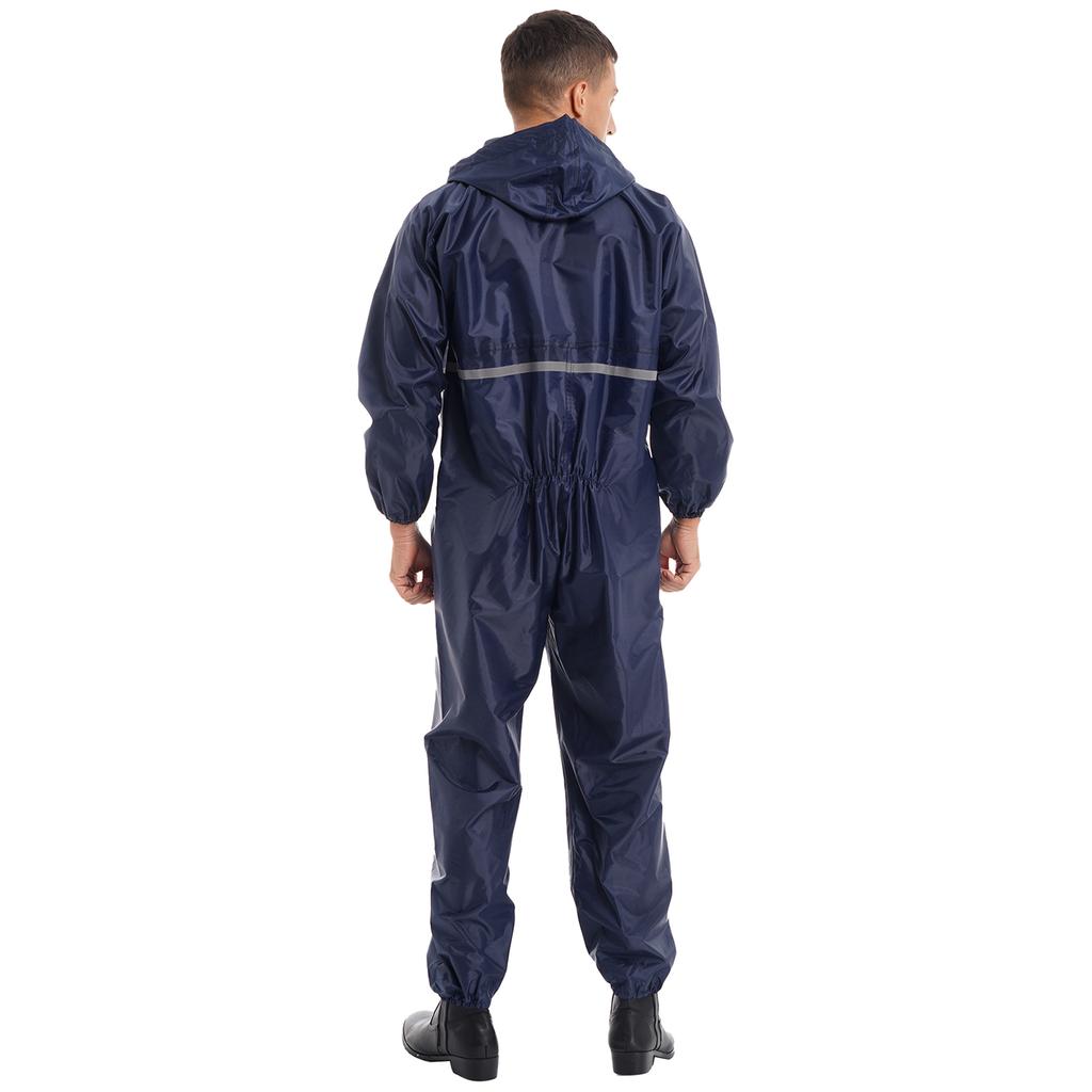 Mens Waterproof Jumpsuit Reflective Strip Rainsuit Long Sleeve Hooded Raincoat Zipper Coverall Workwear