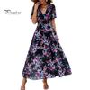 Женское летнее платье макси в стиле бохо с глубоким V-образным вырезом, оборками и короткими рукавами, шифоновый пляжный сарафан, повседневные длинные платья с цветочным принтом