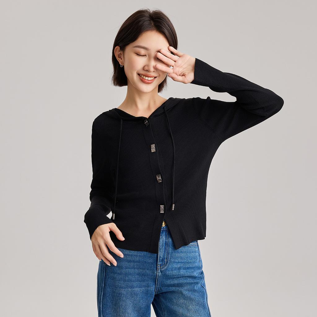 Hooded drawstring cardigan women's 2026 Spring and Autumn new fashionable top casual knit sweater