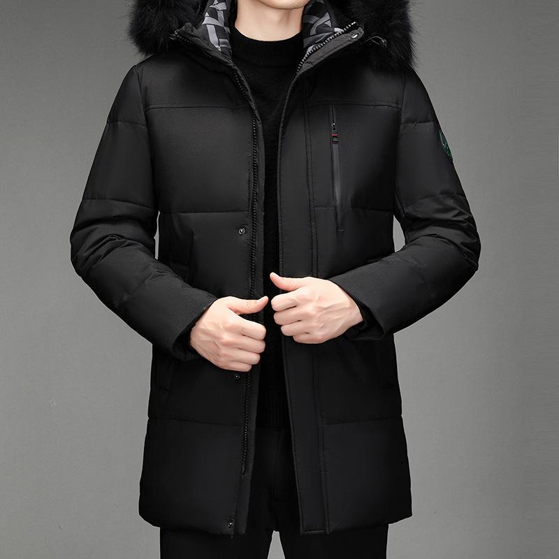 Зимняя куртка-пуховик для мужчин среднего возраста, пальто средней длины, белый утиный пух, большой размер, утолщенный капюшон, одежда для папы, деловая мода для мужчин