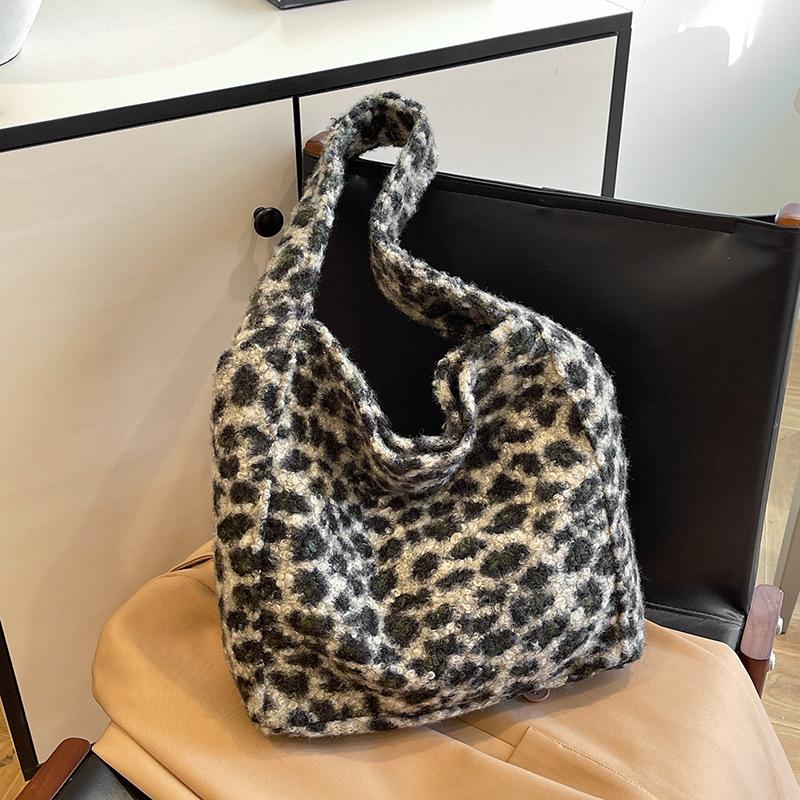 Bag Women'S Fashion Imitation Lamb Plush Large Capacity Shoulder Bag Leopard Print Tote Bag