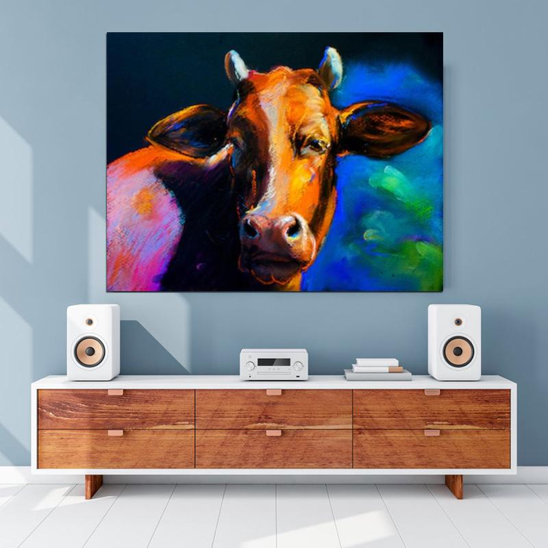 Рамка из цельного дерева НАДЕЖНОЕ ИСКУССТВО Красочные коровы Современные фотографии животных Холст Картины Абстрактные постеры Настенные художественные принты для украшения комнаты