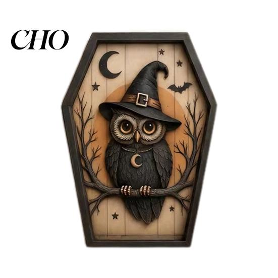 Scary Fireplace Mantel Decorations Halloween Coffin-Shape Wooden Sign Decor, Pumpkin Skeleton Ghost Owl Retro Punk Style Interior Decor Patterns,
