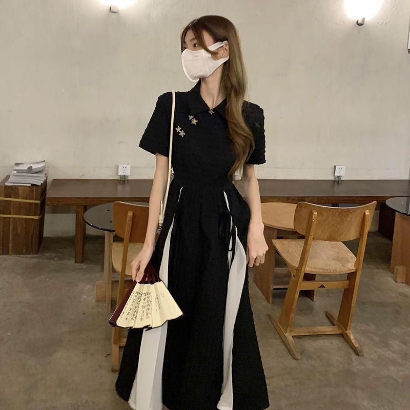 QICED Cheongsam Tea Break Французский темперамент Черное платье Son Маленькая длинная юбка Женская весна-лето