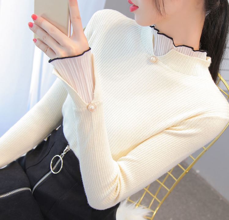 Korean Style Half Turtleneck Lace Sweater Fashion Slim Fit Flared Sleeve Pullover Tight Women's Bottoming Shirt