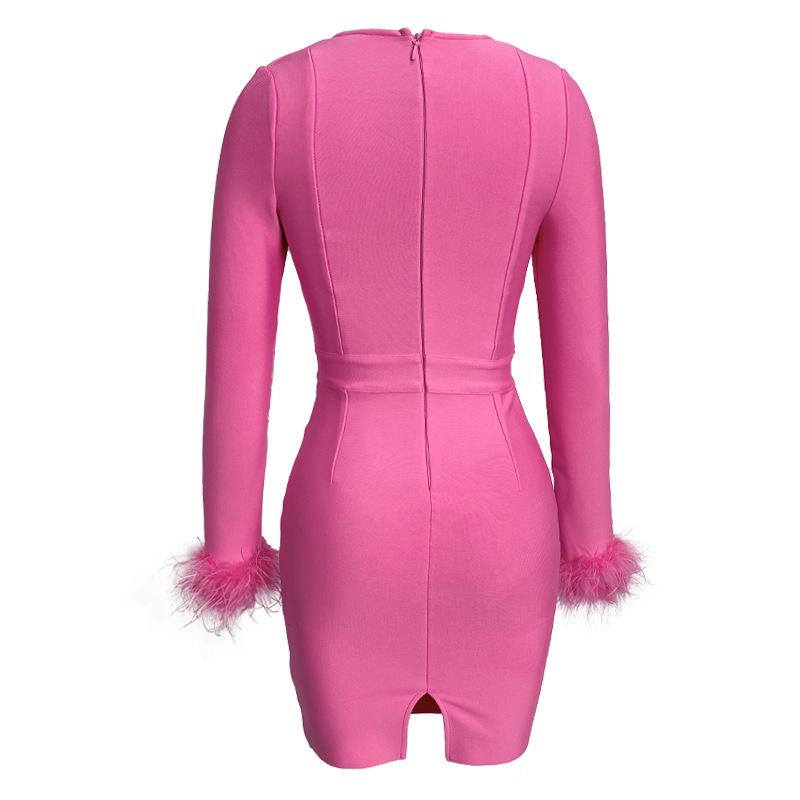 Новое вечернее платье с длинным рукавом и перьями в европейском и американском стиле с бандажной отделкой