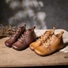 Flat Short Boots Handmade Genuine Leather Round Toe Lace-up Soft Cowhide Women's Shoes