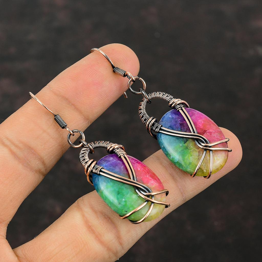 Радужные солнечные кварцевые серьги-друзы, серьги из медной проволоки, серьги ручной работы, ювелирные изделия из медной проволоки, серьги из натурального драгоценного камня, подарок для мамы