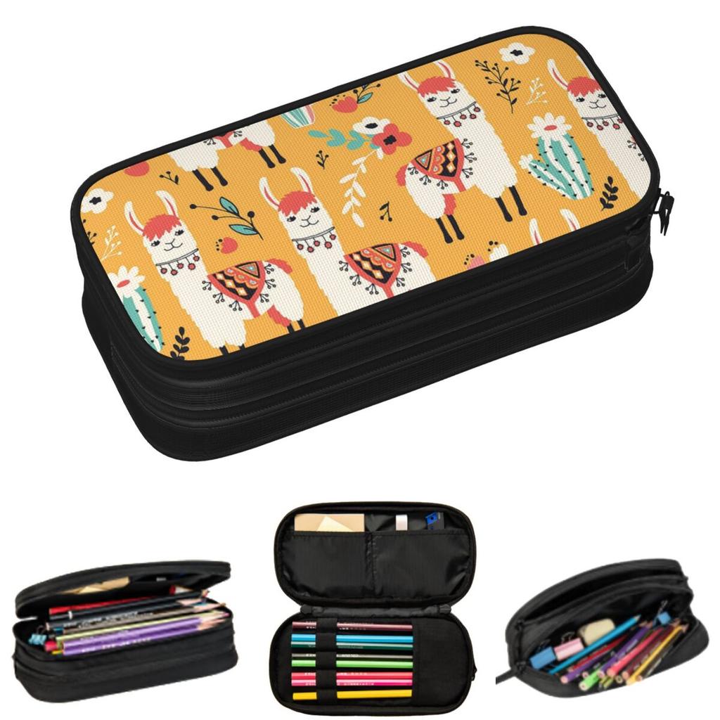 Cartoon Alpaca And Flowers Pencil Cases for Students Gifts Pen Box Pencil Bag Big Capacity Pencil Pouch