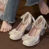 Fashion Champagne Heels Women 2024 Autumn New Style Fashionable Comfortable Pearl Chain Women's Pumps Elegant Bow Wedding Shoes Bride