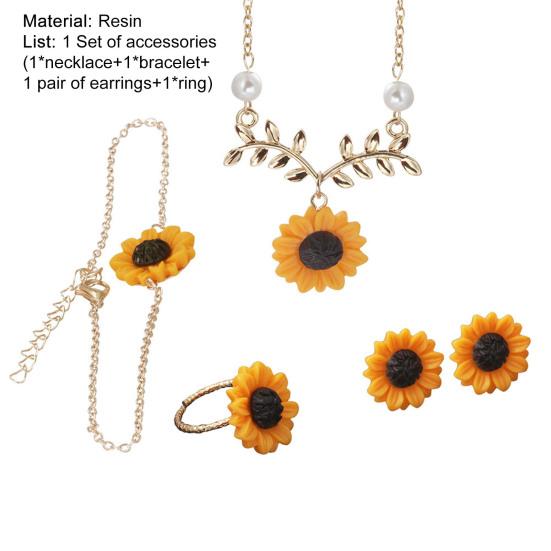 4 шт./компл. женский комплект ювелирных изделий в форме подсолнуха, яркий декор из нержавеющей стали, женское ожерелье, кольцо, ювелирные изделия