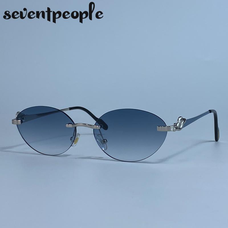 Small Frame Oval Rimless Sunglasses Women Luxury Brand Vintage Frameless Punk Sun Glasses For Ladies Trendy Outdoor Shades