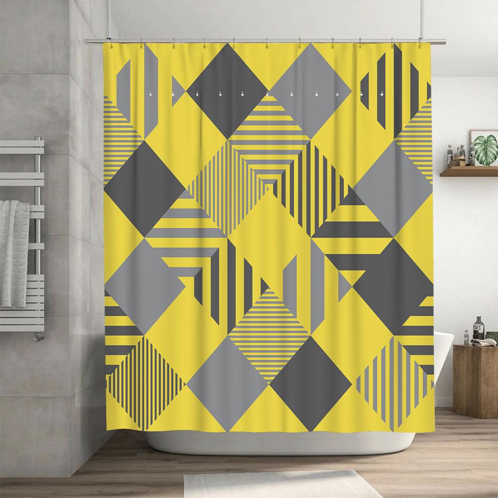 Modern Geometric Pattern Bathroom Shower Curtain Set Decorative Home Accessory in Bold Yellow Gray Colors for Bathrooms.