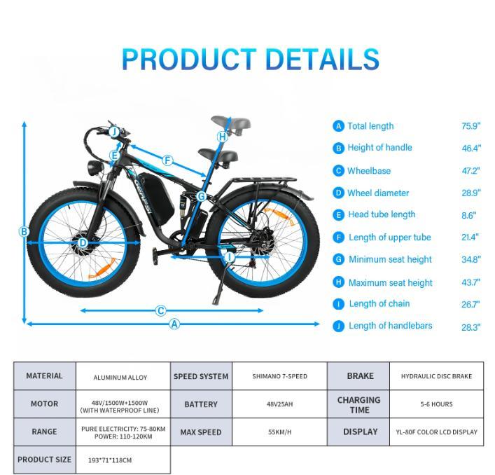 Ebike New BLJ DP-2603 3000W Dual Motor 52V 32AH Battery, Front and Rear Shock Absorption, 26-inch Snow Tires, Adult E-Bicycle.