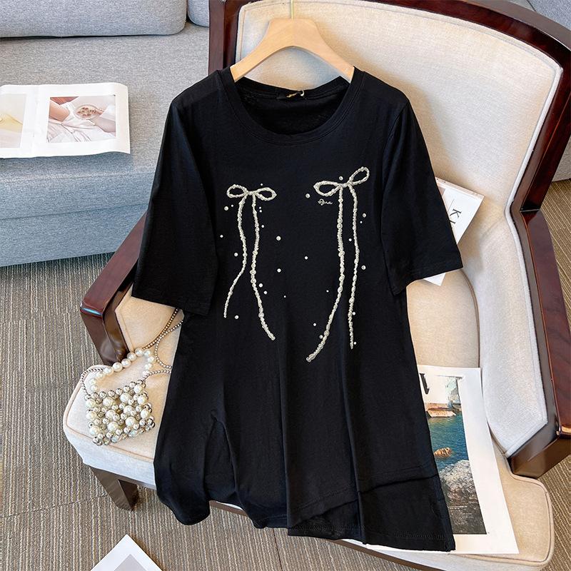 Длинная футболка с коротким рукавом, женская модная футболка больших размеров со свежим бантом и принтом