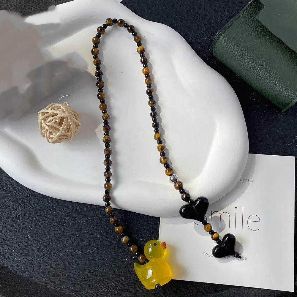 Yellow Duck Double Love Bag Pendant Y2K Charm Beads Keyring Big Size Heart Keychain Woman Lady