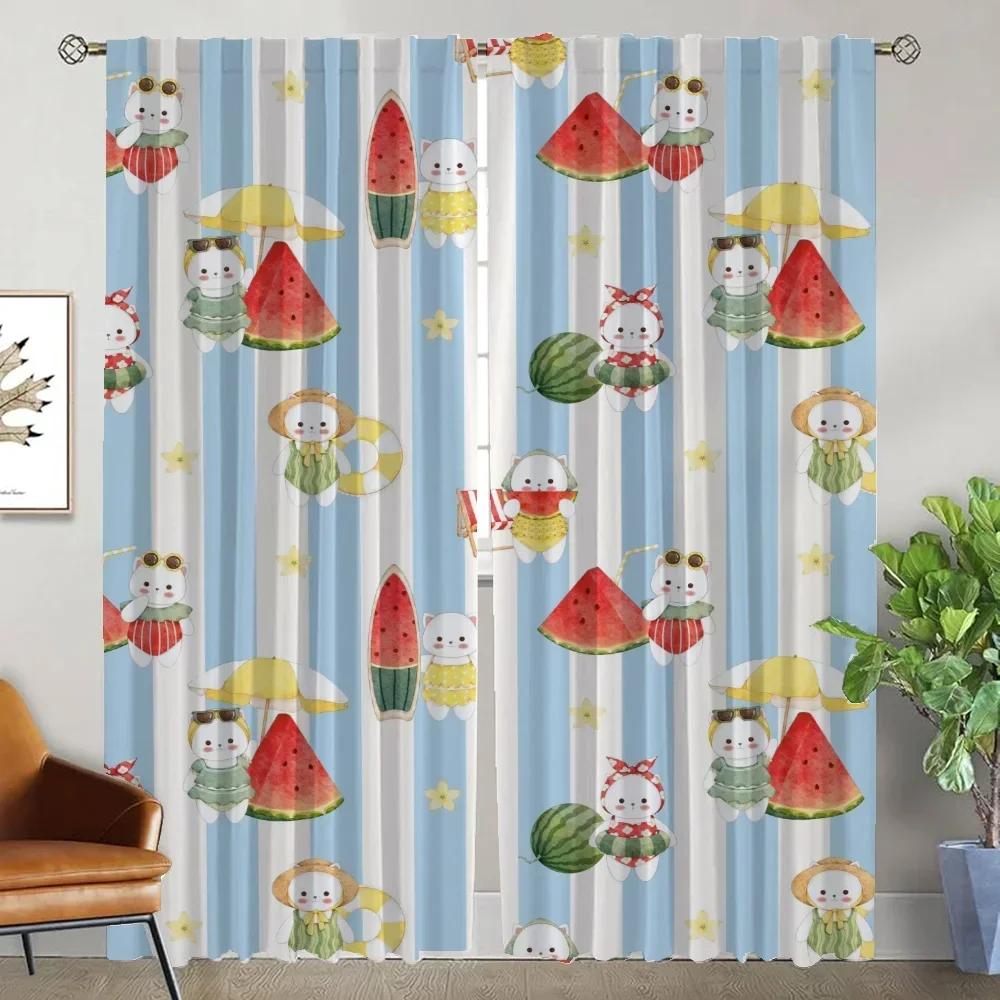 Watermelon Kitty Blackout Curtains for Living Room Partition Shades Home Interior Curtains 2 Pieces Window Curtain Kitchen Child