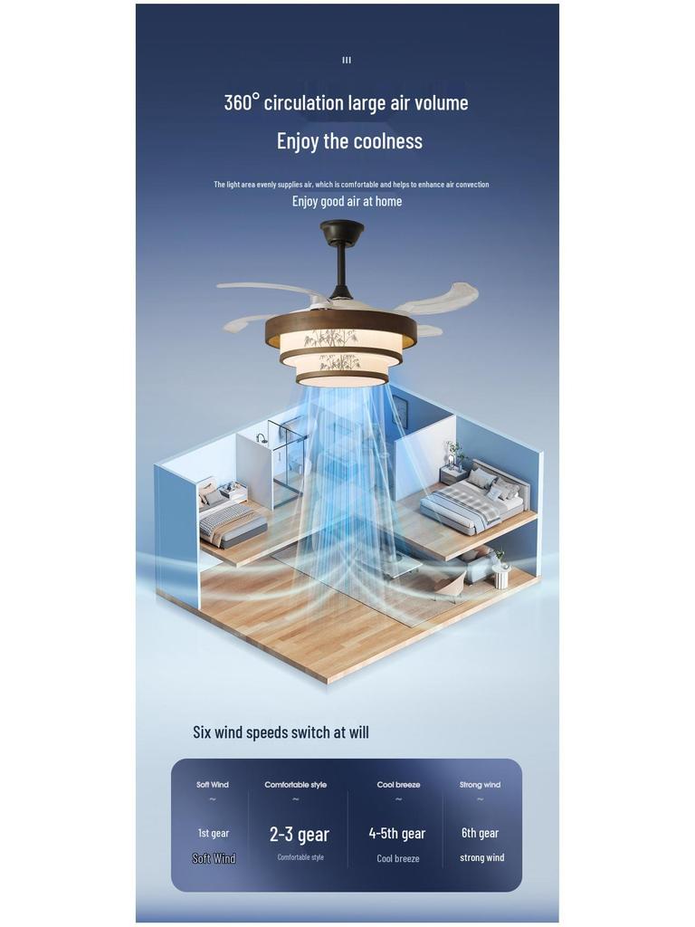 Song Dynasty Mid-Century Retro Solid Wood Invisible Ceiling Fan Light for Bedroom, Living Room, and Restaurant.