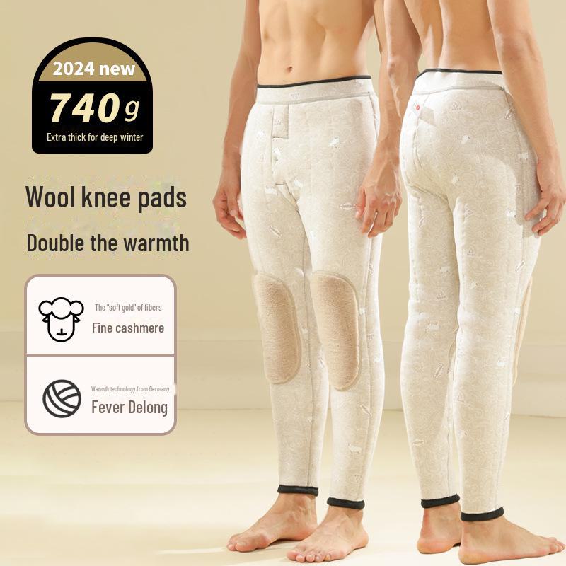 Женские флисовые брюки из суперплотной смеси шерсти и хлопка - теплые, из верблюжьей шерсти, свободного кроя, с накладками на талии и наколенниках, для людей среднего и пожилого возраста, для зимнего использования.