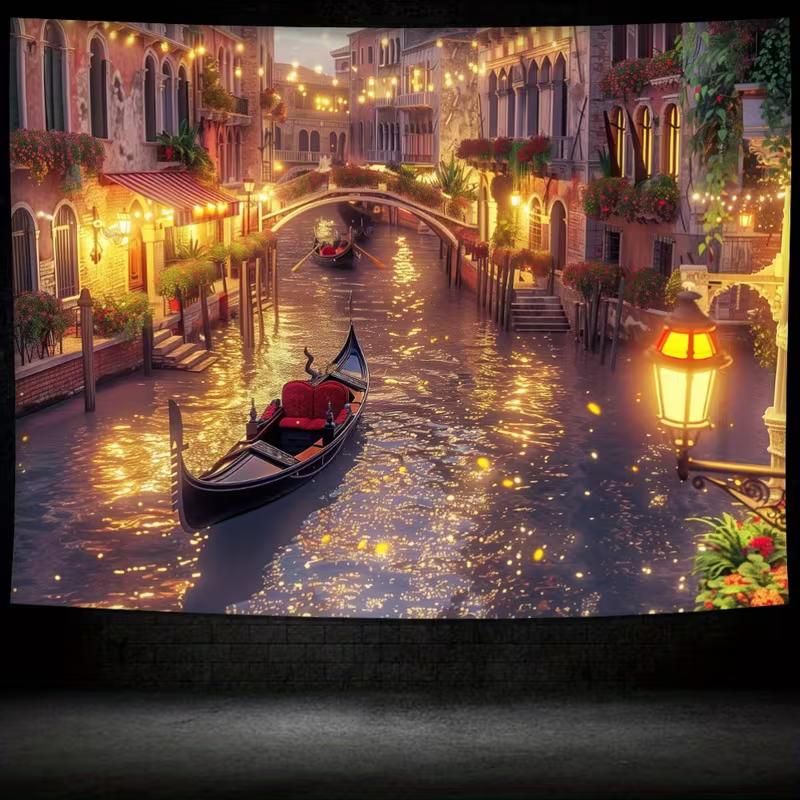 2D Гобелен «Венеция - Город на воде», Ночная прогулка на гондоле и Дома на каналах, Настенное искусство для декора дома