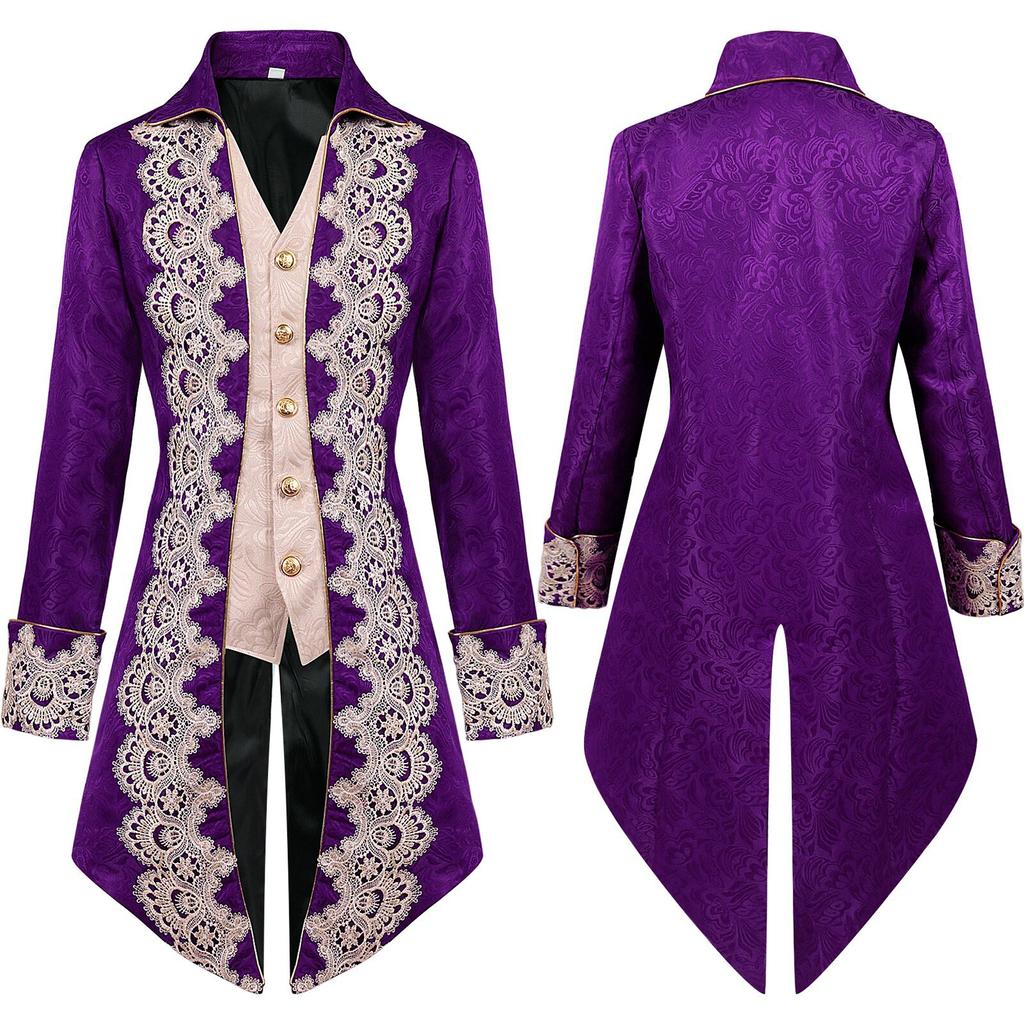 Men Steampunk Gothic Victorian Jacket Vintage Purple Velvet Tailcoat Medieval Frock Coat Uniform Renaissance Costume