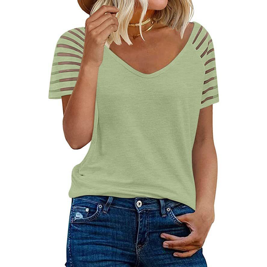 GMXIA Летняя сетчатая рубашка с V-образным вырезом, однотонная, с короткими рукавами, повседневная свободная футболка для женщин