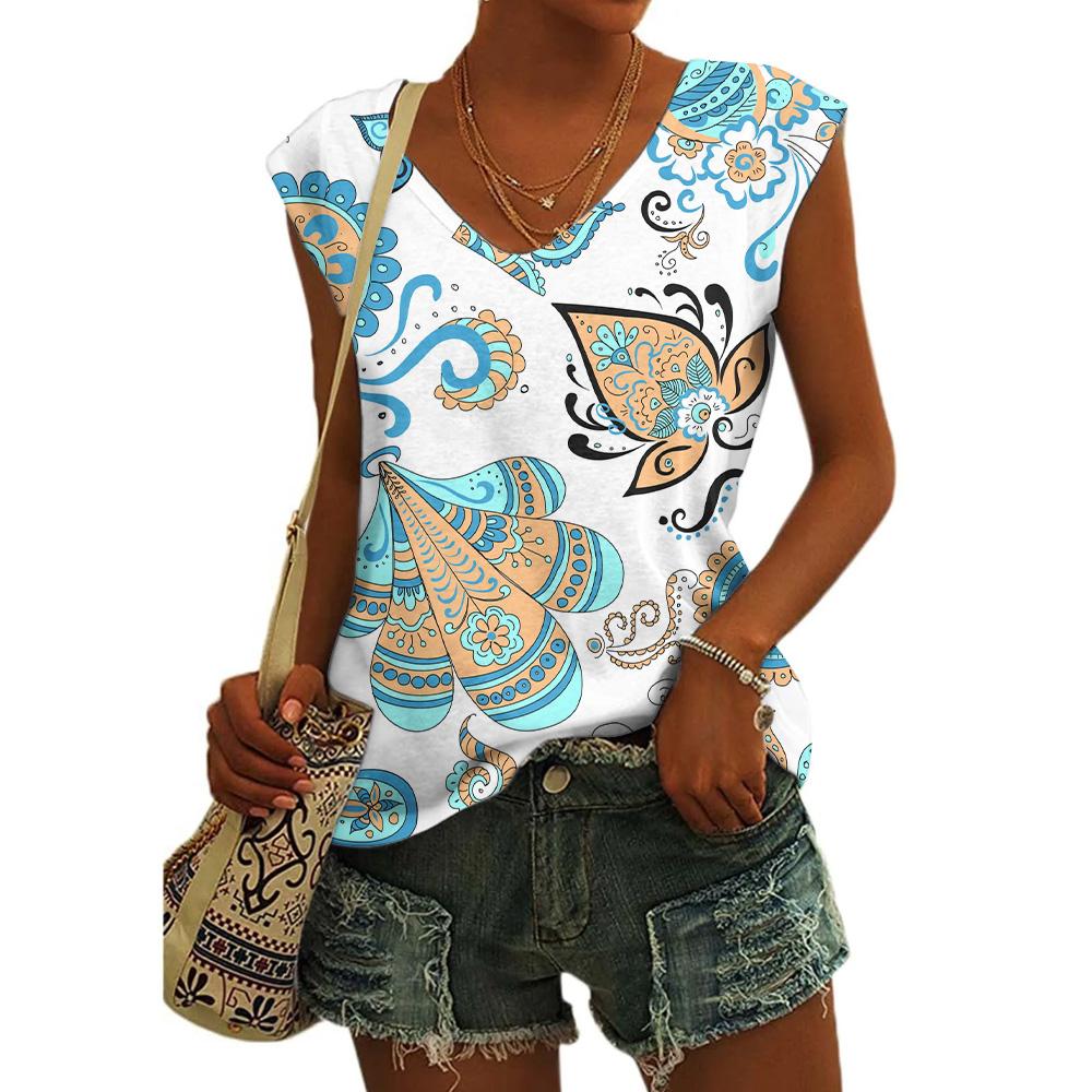 Летний винтажный цветочный тотем 3D принт майки женские уличные свободные V-образный вырез жилет без рукавов с открытыми плечами женская майка