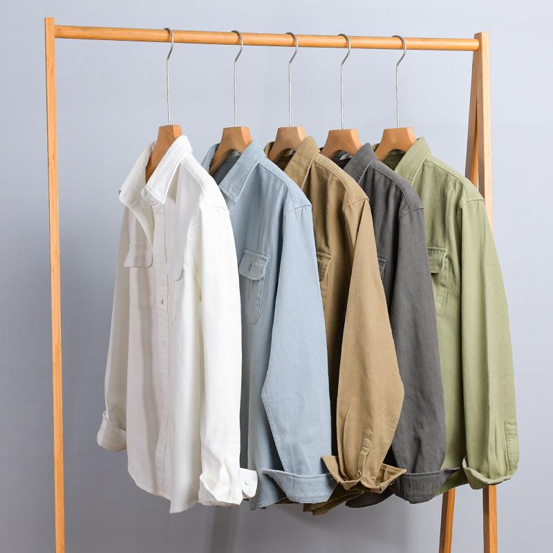 Осенние рубашки-карго для мужчин с воротником-лацканами, двойными карманами и длинным рукавом, повседневная рубашка, молодежная, популярная, из чистого хлопка, удобная, хорошего качества