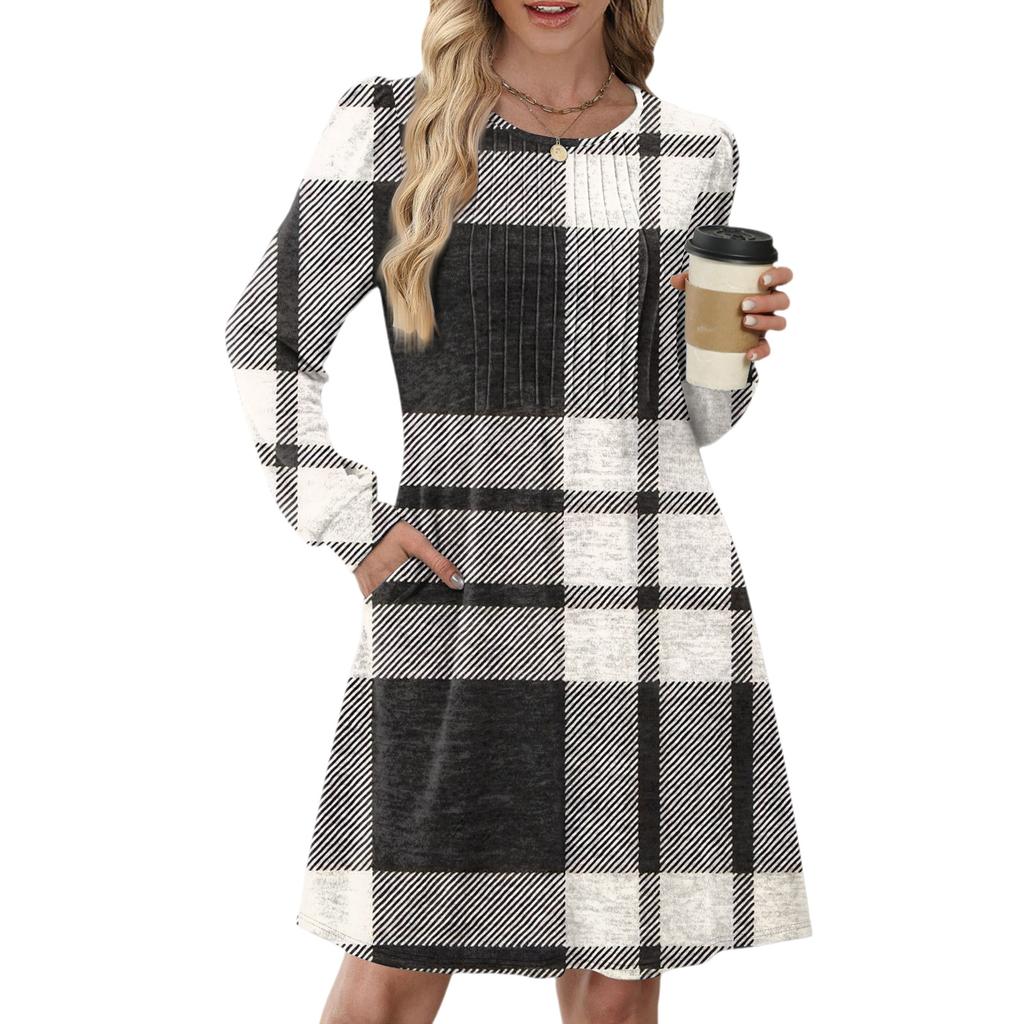 Женское повседневное платье с длинным рукавом, плиссировкой, круглым вырезом, принтом в клетку и полоску и карманами