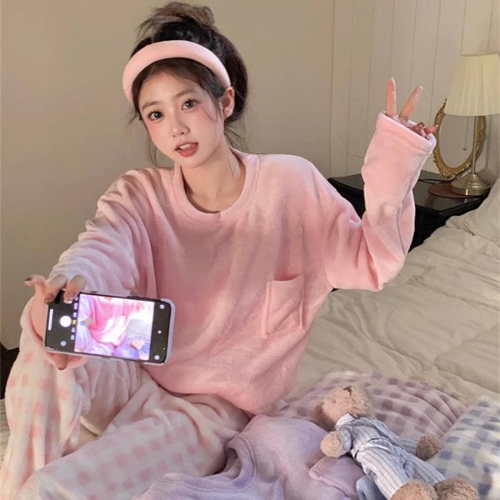 Осенне-зимний комплект из двух предметов, пижамы из кораллового флиса для женщин, домашний костюм, теплый женский комплект с круглым вырезом и длинными рукавами, плюшевая домашняя одежда для женщин, спальный комплект