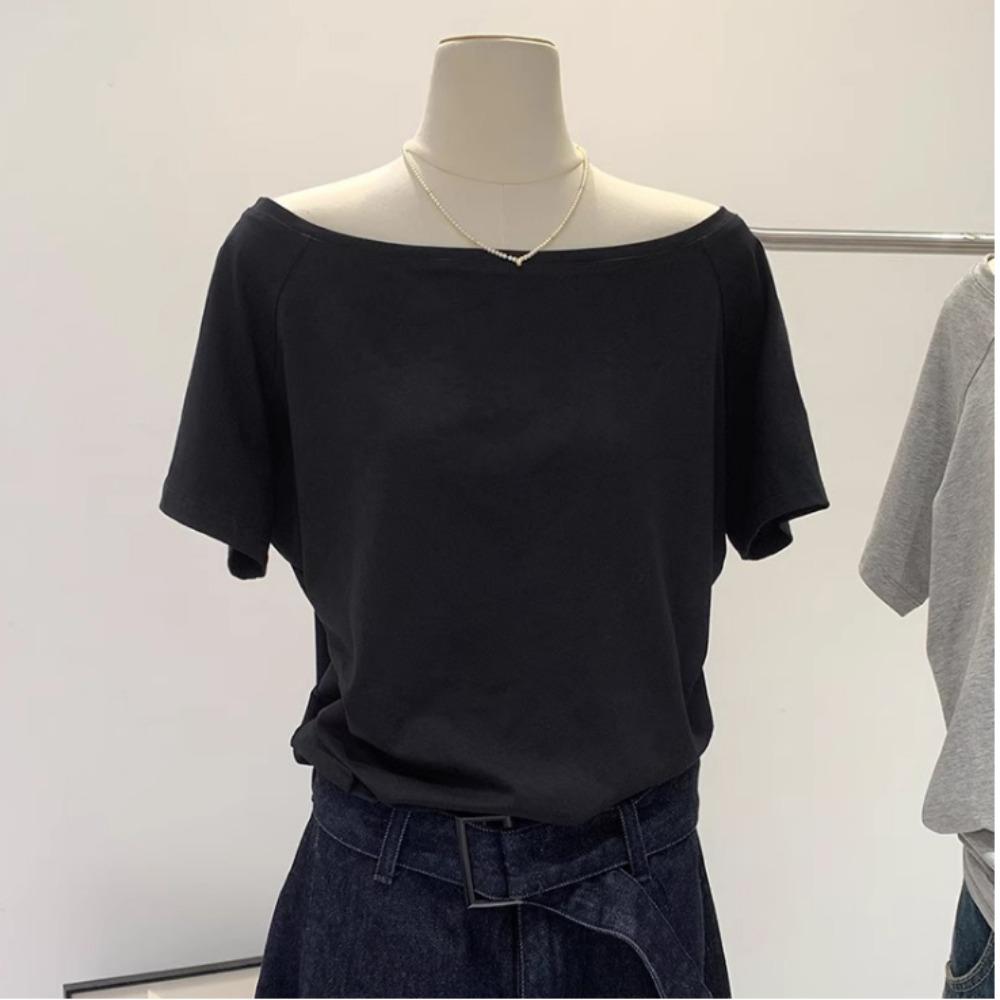 Футболка на одно плечо из чистого хлопка с короткими рукавами и диагональными плечами для женщин, летняя, новая свободная базовая футболка с открытыми плечами