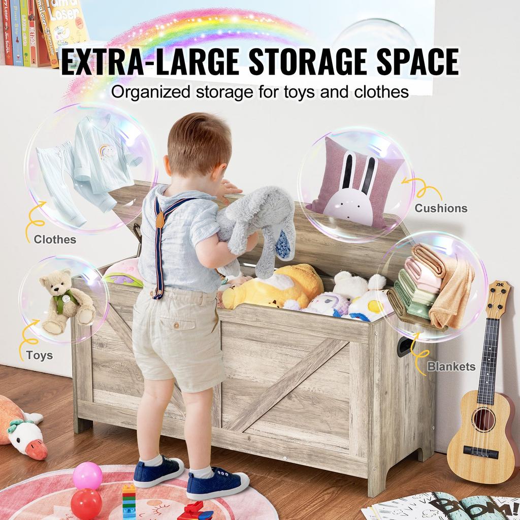VEVOR Wooden Toy Chest for Kids, Toddler Toy Storage Box with Flip-Top Lid and Safety Hinge