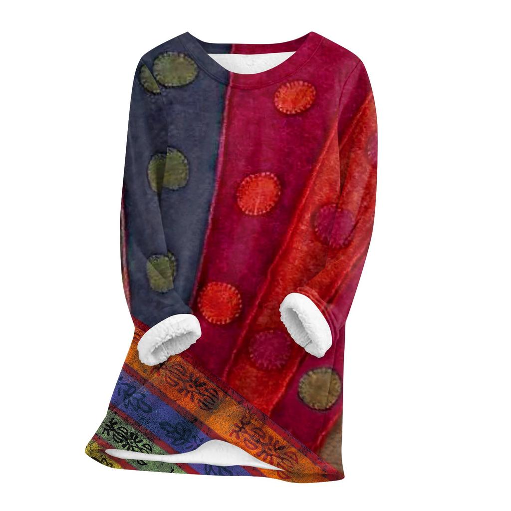 Женский топ с круглым вырезом, с принтом, утолщенный плюшевый кашемировый теплый длинный топ с длинными рукавами