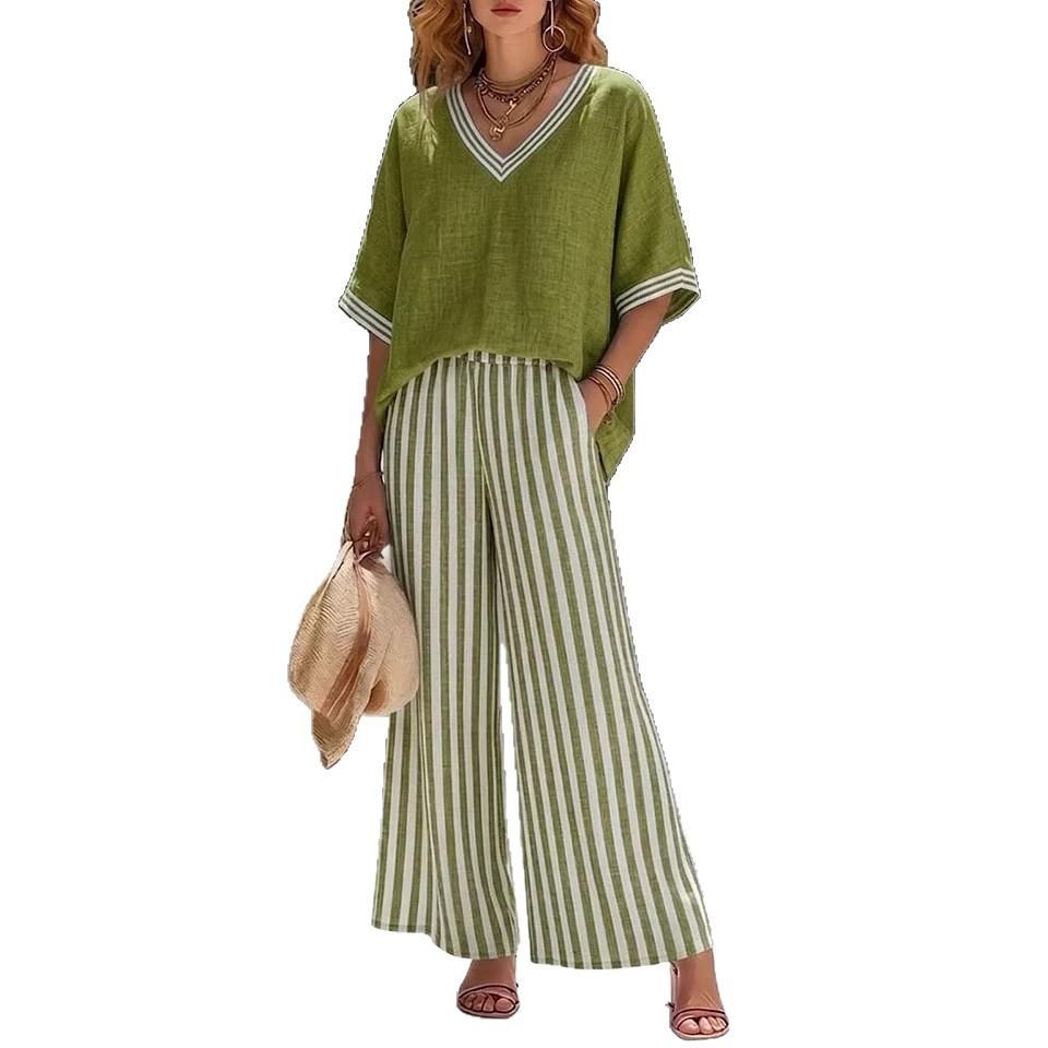 1116 summer new suit, loose V-neck short-sleeved top, striped wide-leg pants.