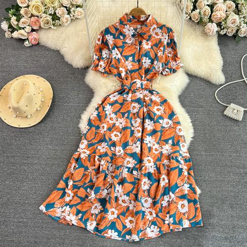 Vintage Robes Puff Short Sleeve Lapel Neck Vestido Wrapped Waist Slim Medium Length A-Line Print Dress