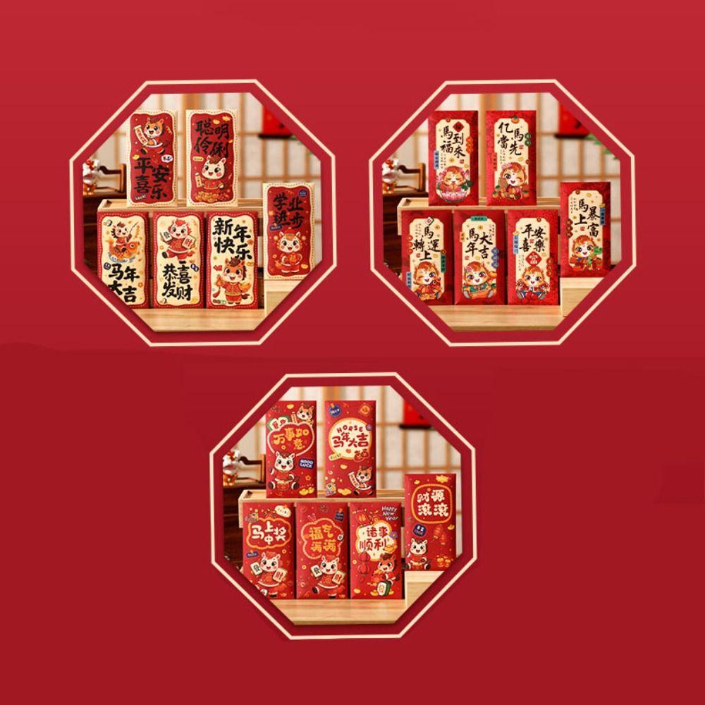 6PCS Paper Horse Year Red Envelope Cartoon New Year Spring Festival Red Envelopes Lucky Bless Words Hongbao Marriage Celebration