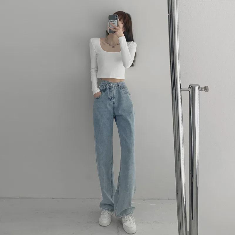 Женские летние джинсы 2022 года с высокой талией, прямые, свободные, узкие, с перекрестной талией, тонкие, широкие, длиной до пола