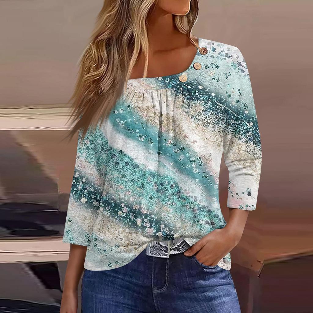 Жен. Футболка Футболка С принтом Пуговицы Рукав 3/4 Повседневные Выходные Мода Классический Классический Верх