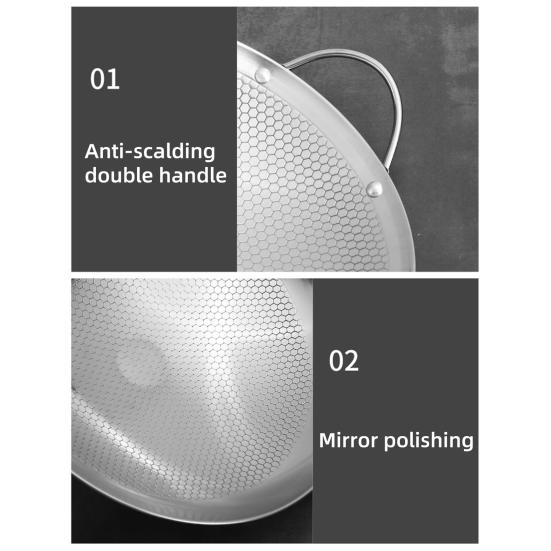 Stainless Steel Honeycomb Skillet Thickened Alcohol Stove Pot for Stir-Fry Deep Frying Non-Stick Surface Wok with Dual Handles