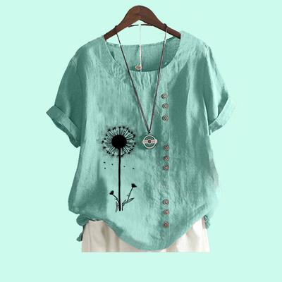 Женская повседневная блузка с короткими рукавами, топ из хлопка и льна, модная свободная футболка с цветочным принтом